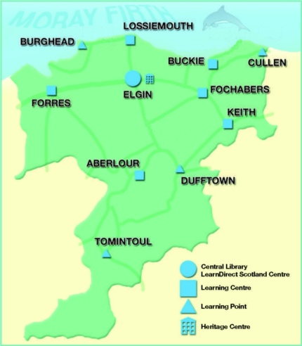Map showing library locations in Moray